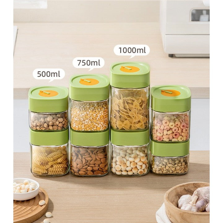 Borcan Alimentar din sticla cu Capac Vid, 500 ml, Inchidere Ermetica pentru Orice Tip de Produse, Design Patrat, 10 x 10 x 9 cm, Transparenta cu Capac Verde