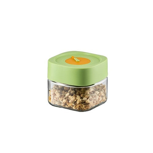 Borcan Alimentar din sticla cu Capac Vid, 500 ml, Inchidere Ermetica pentru Orice Tip de Produse, Design Patrat, 10 x 10 x 9 cm, Transparenta cu Capac Verde