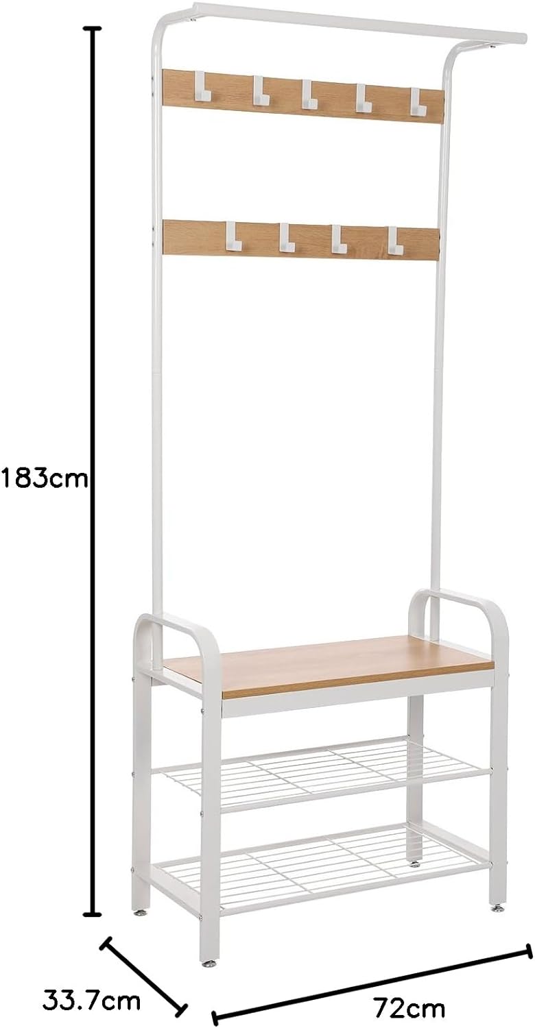 VASAGLE Cuier pentru haine cu banca de depozitare a pantofilor, cu 9 carlige detasabile, o sina pentru haine, 34x72x183 cm, modern, stejar si crem