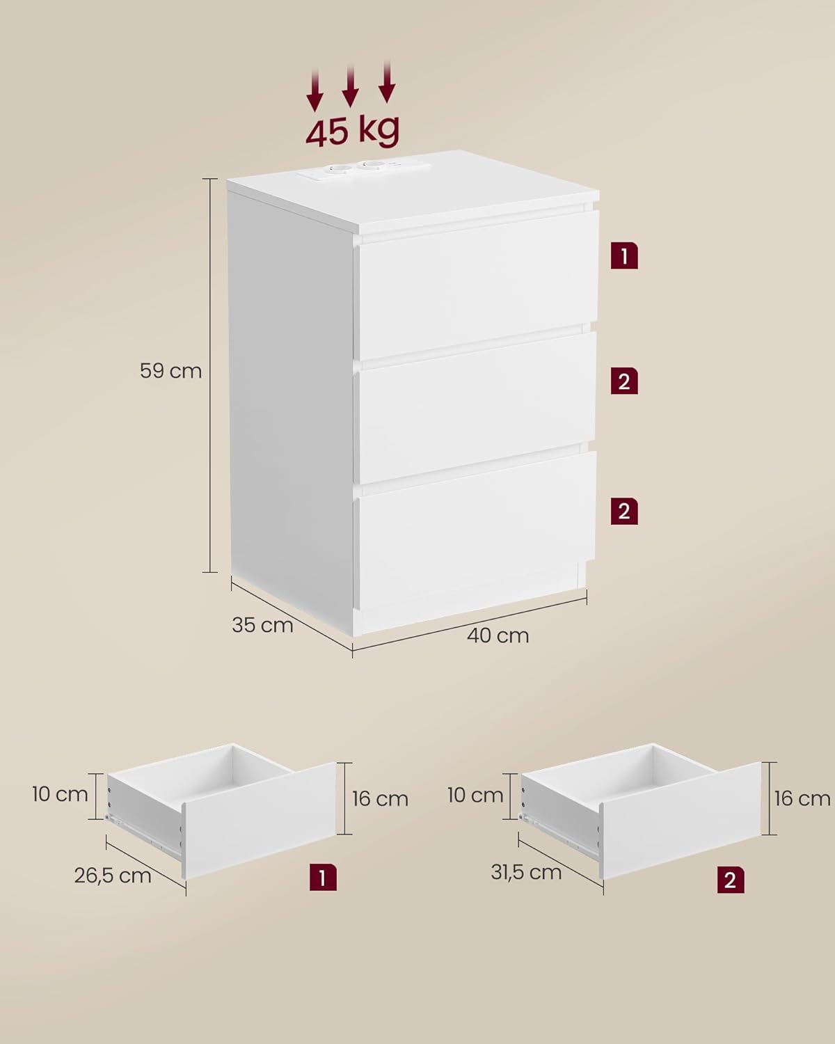 VASAGLE Noptiera cu 3 sertare, din PAL, cu 2 prize si 2 porturi USB, 40x35x59 cm, alb
