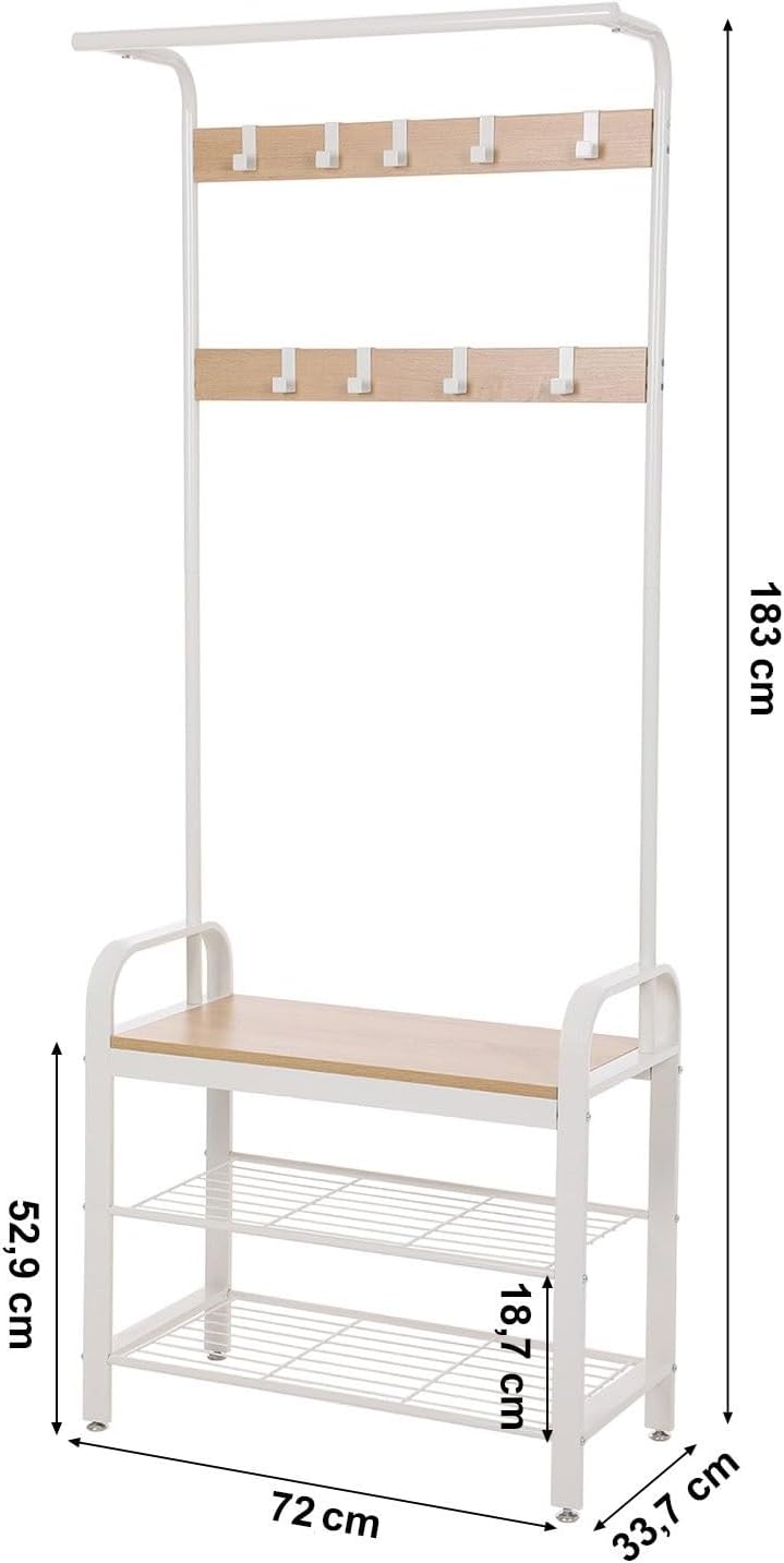 VASAGLE Cuier pentru haine cu banca de depozitare a pantofilor, cu 9 carlige detasabile, o sina pentru haine, 34x72x183 cm, modern, stejar si crem