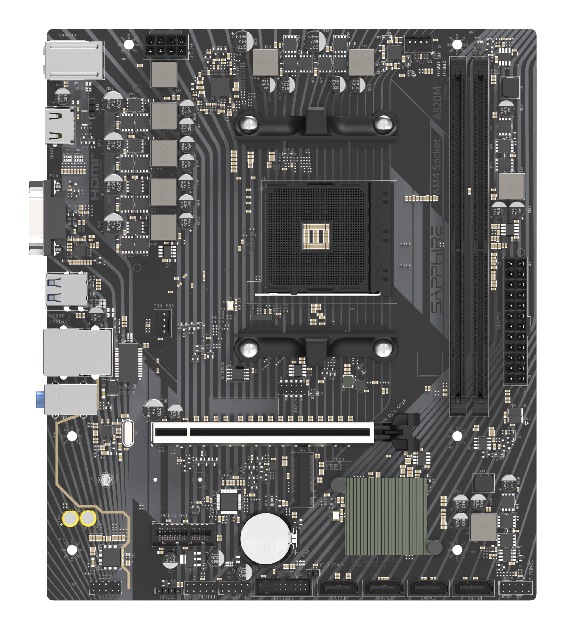 Placa de baza Sapphire "A520M-E", skt. AM4, chipset AMD A520, mATX, 2 x DDR4 max. 64 GB, USB 3.2 gen 1 -A x 2, USB 2.0 x 1, 4 x SATA, 1 x M.2, PCIe 3.0, HDMI, VGA, "52119-04-40G"