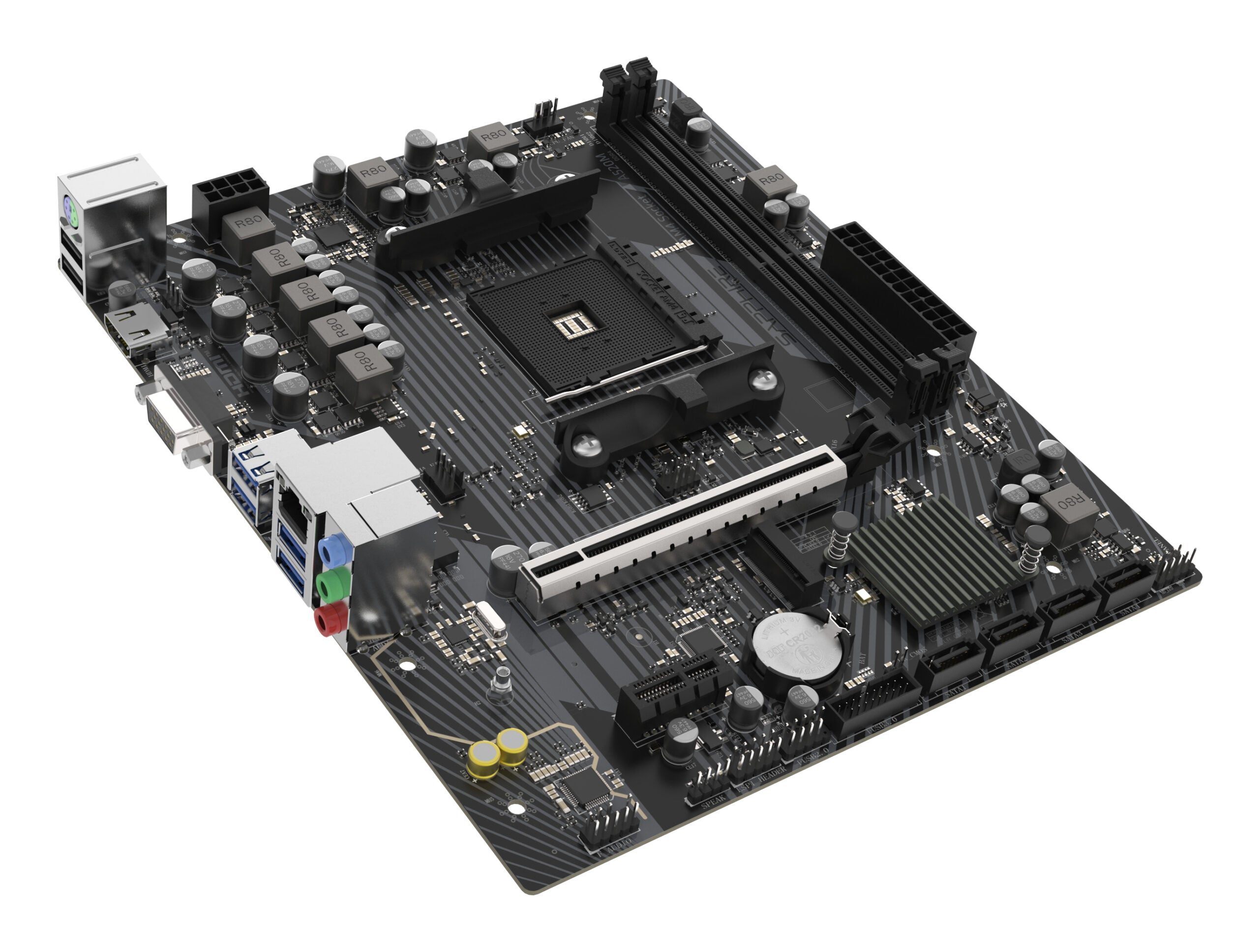 Placa de baza Sapphire "A520M-E", skt. AM4, chipset AMD A520, mATX, 2 x DDR4 max. 64 GB, USB 3.2 gen 1 -A x 2, USB 2.0 x 1, 4 x SATA, 1 x M.2, PCIe 3.0, HDMI, VGA, "52119-04-40G"