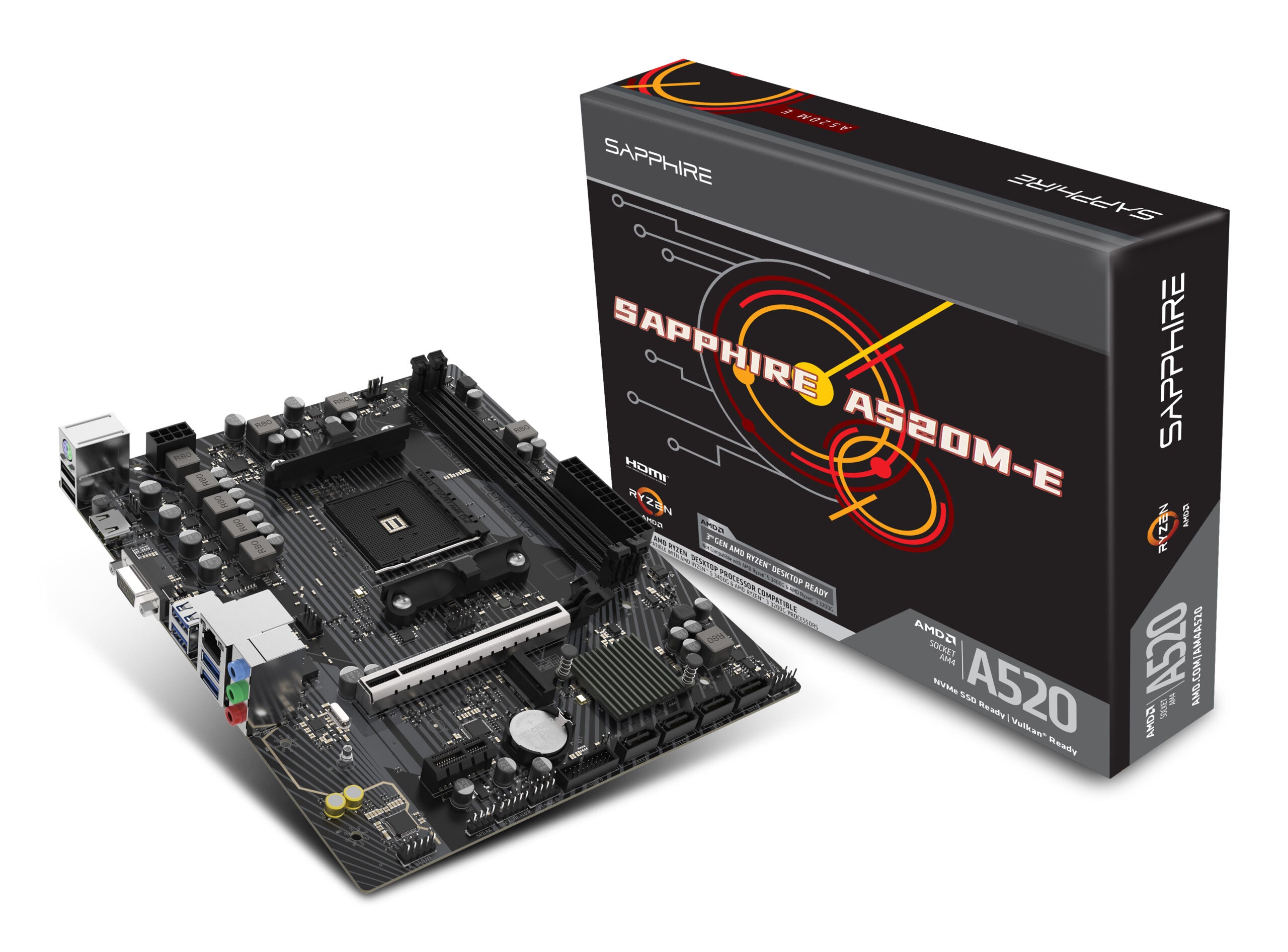 Placa de baza Sapphire "A520M-E", skt. AM4, chipset AMD A520, mATX, 2 x DDR4 max. 64 GB, USB 3.2 gen 1 -A x 2, USB 2.0 x 1, 4 x SATA, 1 x M.2, PCIe 3.0, HDMI, VGA, "52119-04-40G"