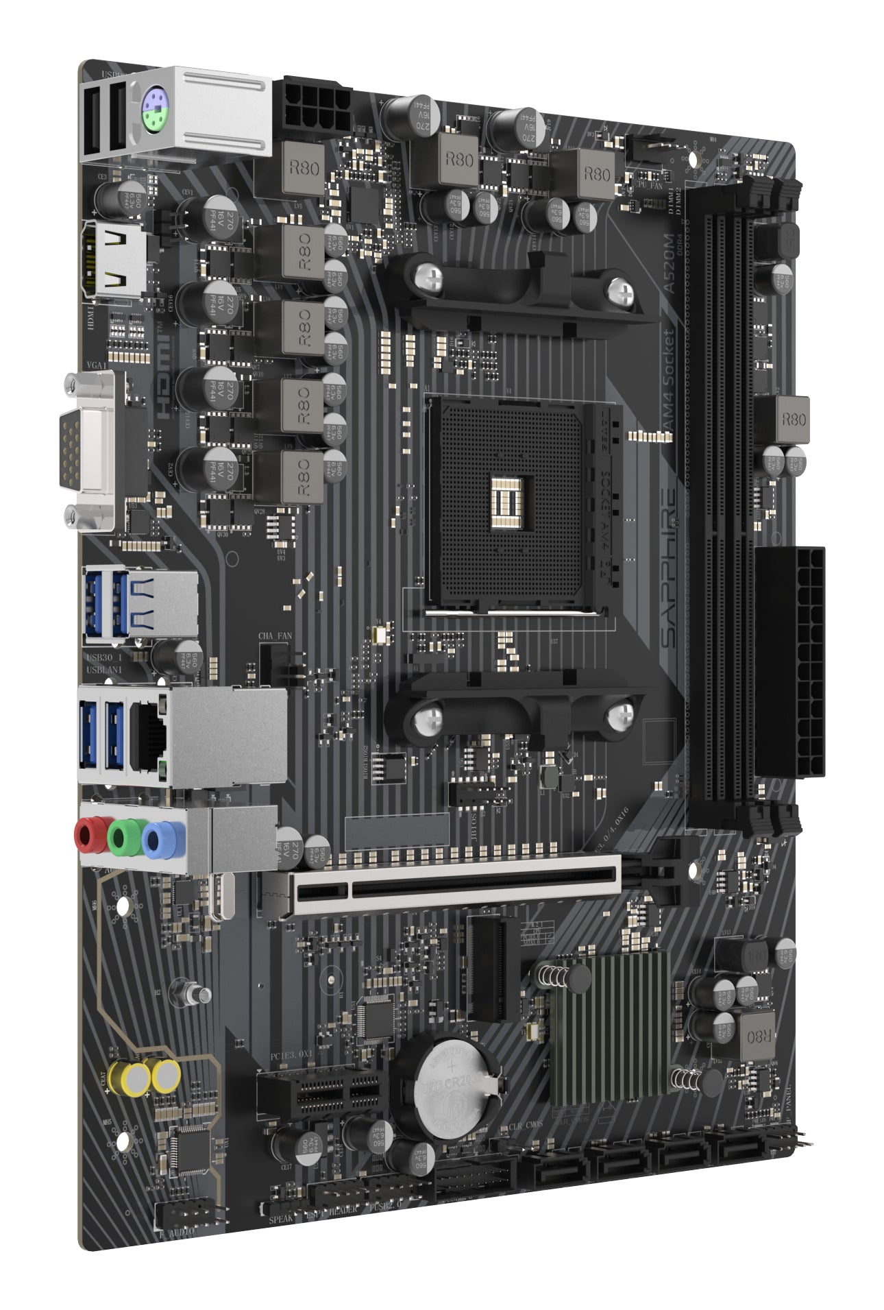 Placa de baza Sapphire "A520M-E", skt. AM4, chipset AMD A520, mATX, 2 x DDR4 max. 64 GB, USB 3.2 gen 1 -A x 2, USB 2.0 x 1, 4 x SATA, 1 x M.2, PCIe 3.0, HDMI, VGA, "52119-04-40G"
