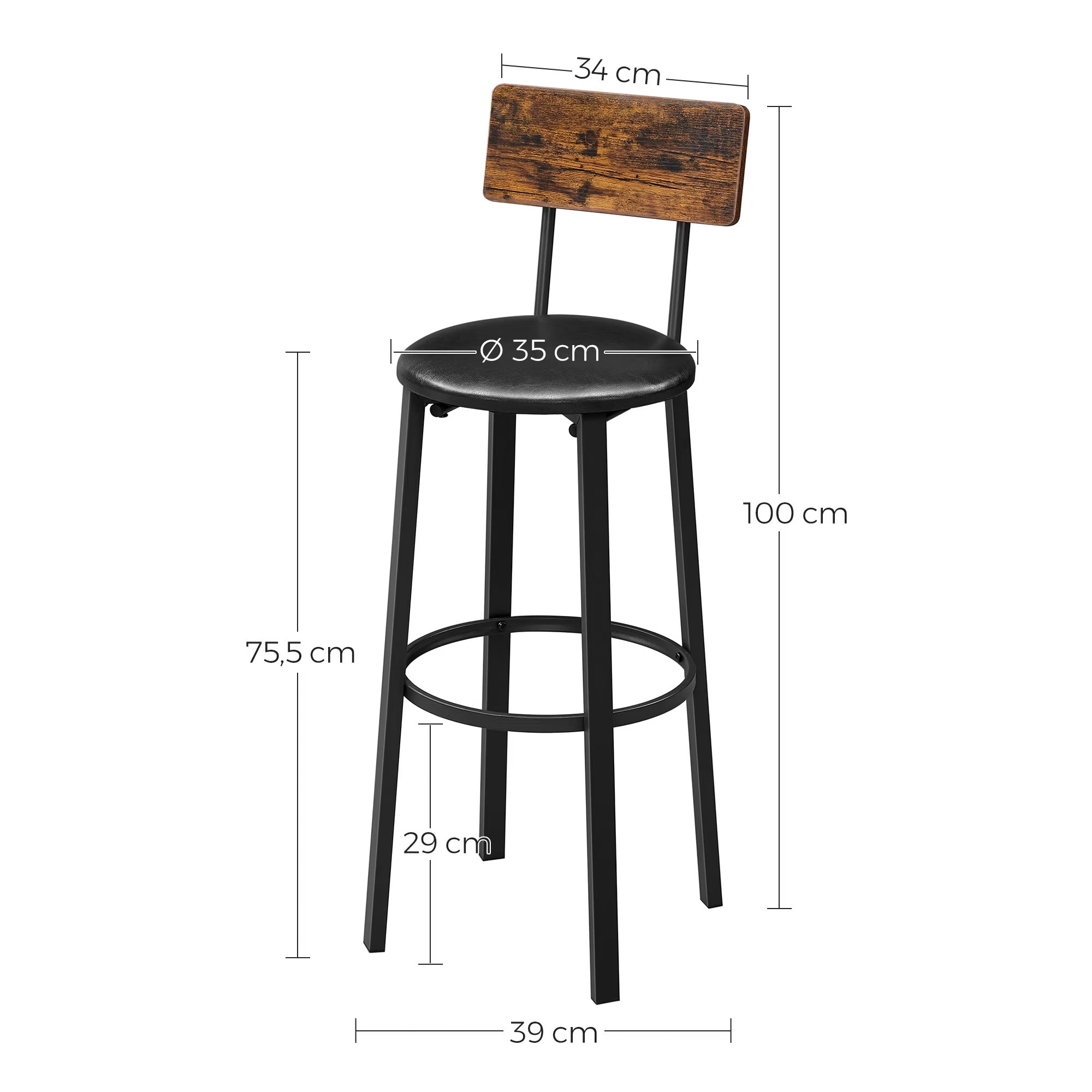 VASAGLE Set 2 scaune de bar cu spatar din PAL, sezut moale tapitat, 39x100x76cm, maro rustic si negru