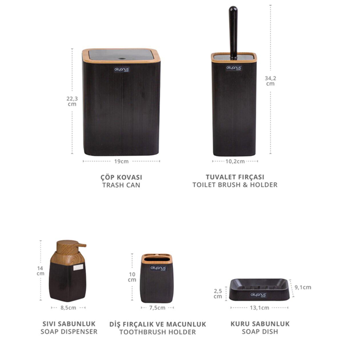 Set de accesorii patrate pentru baie din plastic, 5 piese, negru maro
