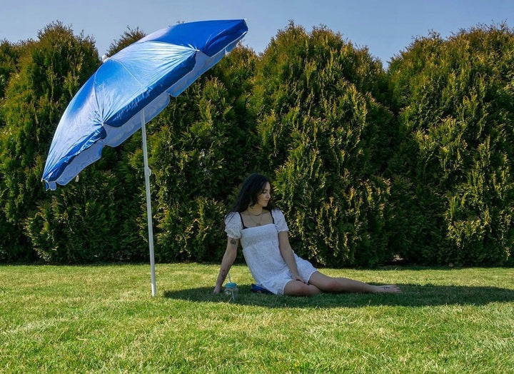 Umbrela de plaja pliabila cu protectie UV si inaltime reglabila, diametru 150 cm, albastru