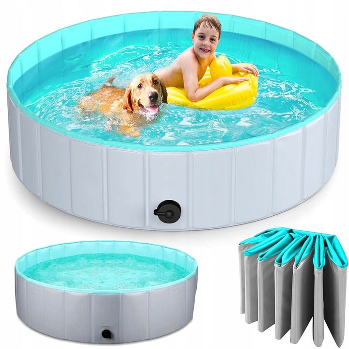 Piscina pliabila pentru caini si copii, pliere rapida, valva de scurgere, 160x30 cm, albastru