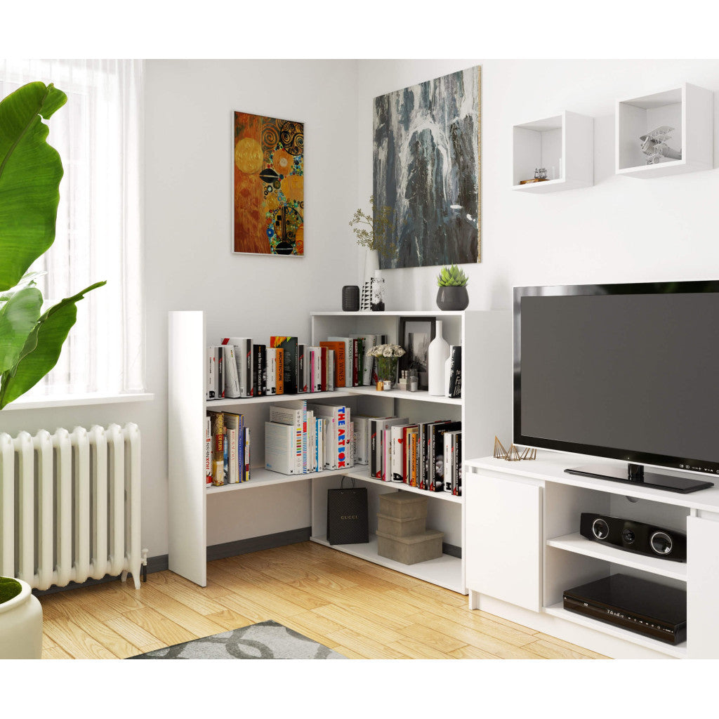 Etajera de colt pentru carti si decoratiuni, cu 3 rafturi, PAL laminat 16 mm, 174x30x109 cm, alb