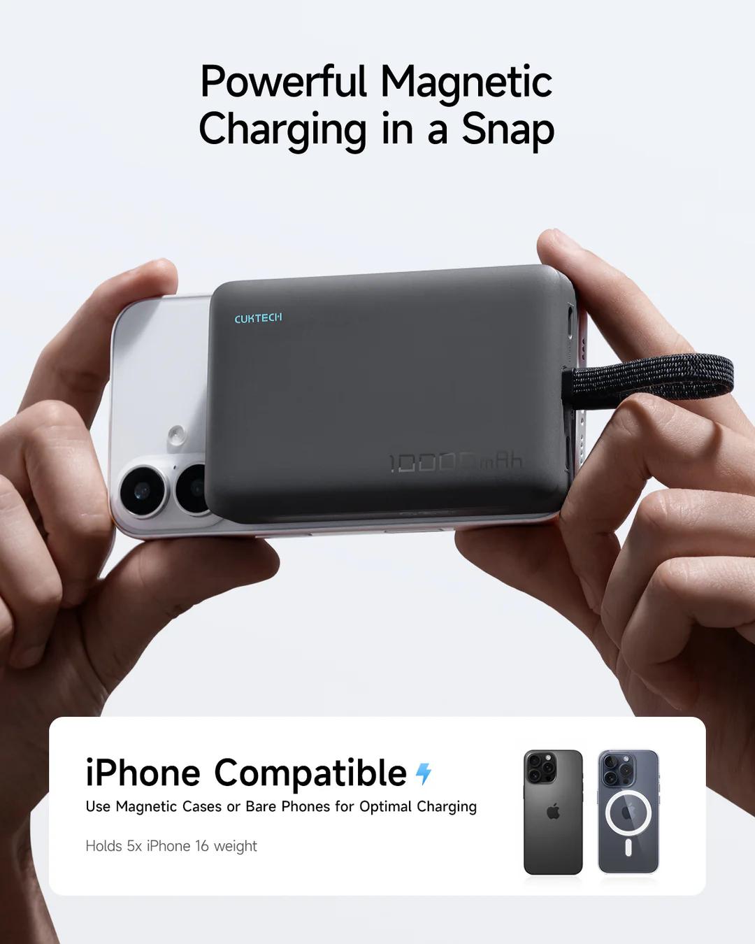 POWER BANK Cuktech Magnetic, 10000mAh, 20W, cablu integrat USB Type-C, gri "CKWPB100LGLBK"