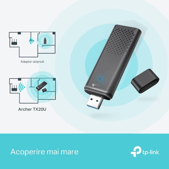 ADAPTOR RETEA TP-LINK AX1800, extern wireless 2.4 GHz | 5 GHz, USB 3.0, 1800 Mbps, WI-FI 6, antena interna x 2, "Archer TX20U"