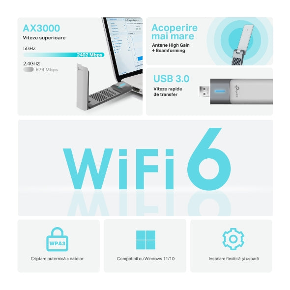 PLACA RETEA TP-LINK AX3000, extern wireless 2.4 GHz | 5 GHz, USB 3.0, port, 3000 Mbps, antena externa x 2, "Archer TX50UH" (include timbru verde 0.18 lei)
