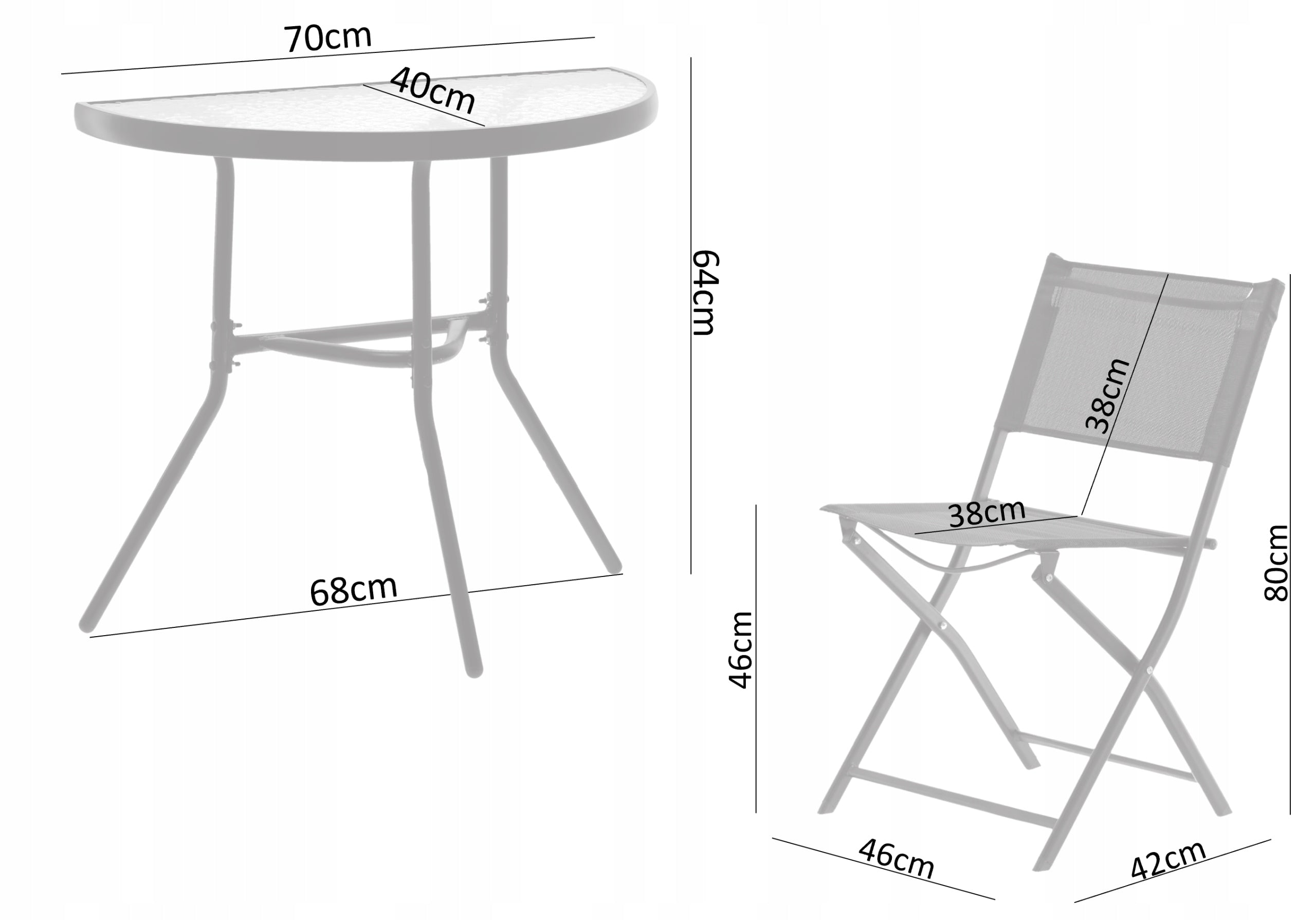Set mobilier gradina sau balcon, masa semirotund sticla cu 2 scaune pliabile, negru