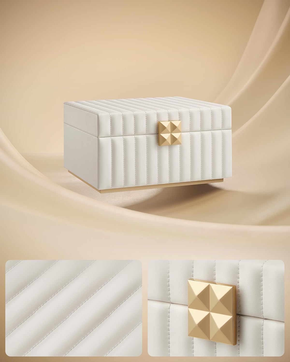 SONGMICS Cutie de bijuterii pe 2 nivele, cu oglinda si tava detasabila, 22x24x14 cm, alb crem