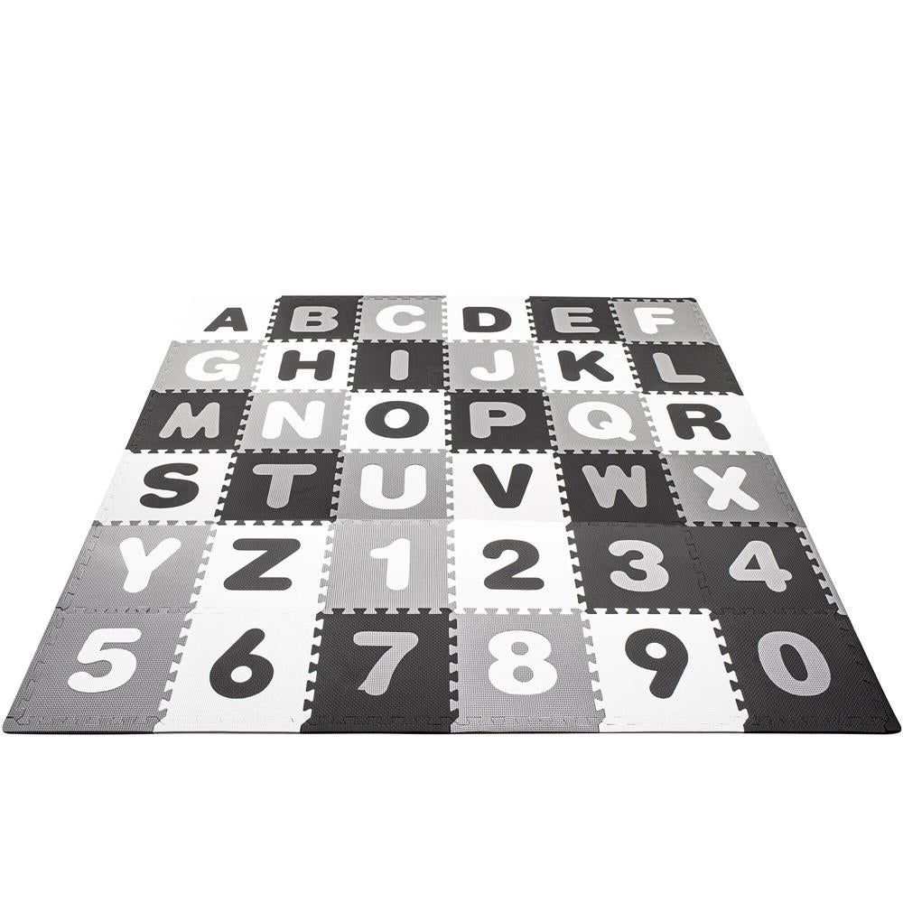 Covor din spuma pentru copii, tip puzzle alfabet si numere, 110 piese, termoizolant, 175x175 cm, negru, gri