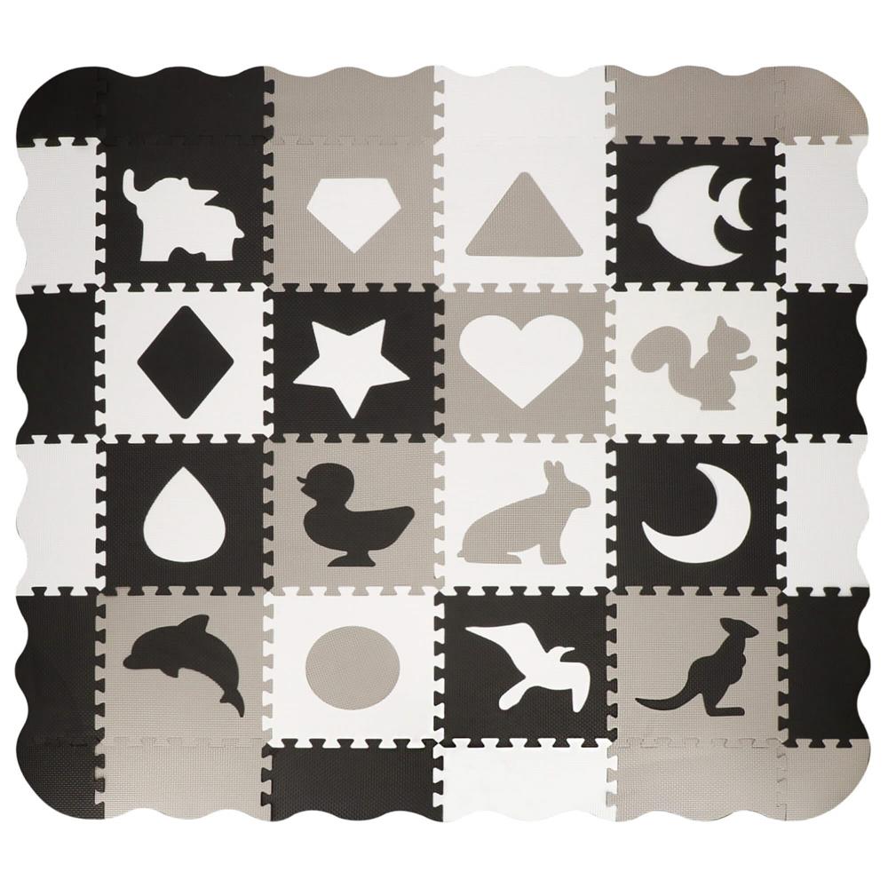 Covor din spuma pentru copii, tip puzzle animale, 52 piese, termoizolant, 150x150 cm, gri negru