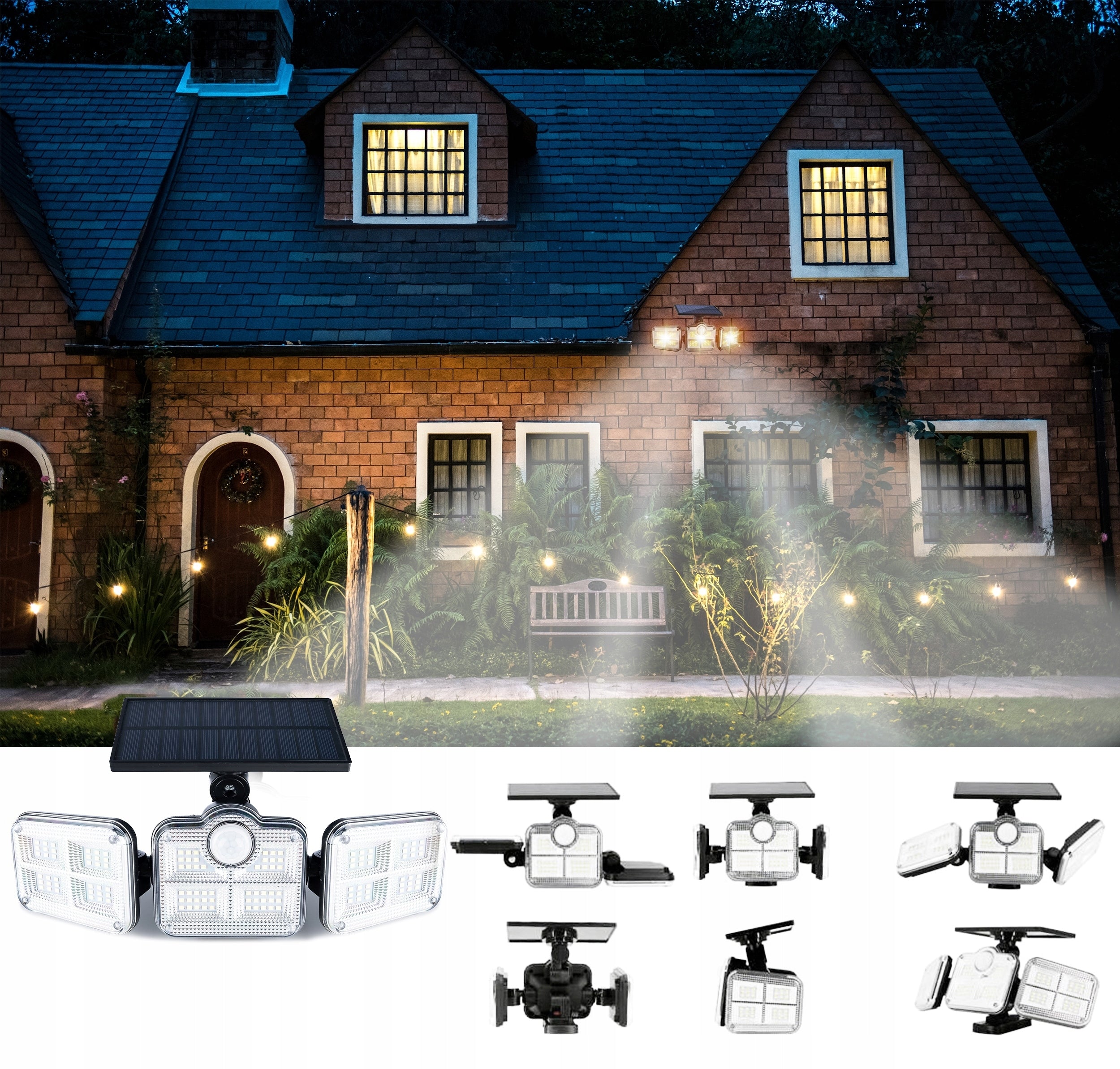 Proiector LED solar modular cu 3 lampi, senzor de miscare, 122LED-uri, cu telecomanda
