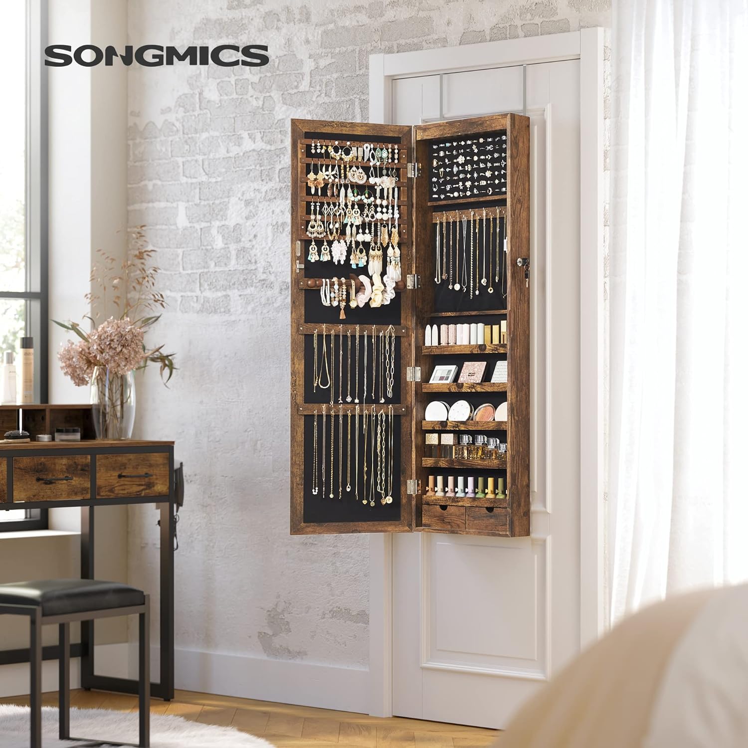 SONGMICS Dulap de bijuterii cu oglinda, din MDF, montare pe perete, 37x10x120 cm, maro rustic