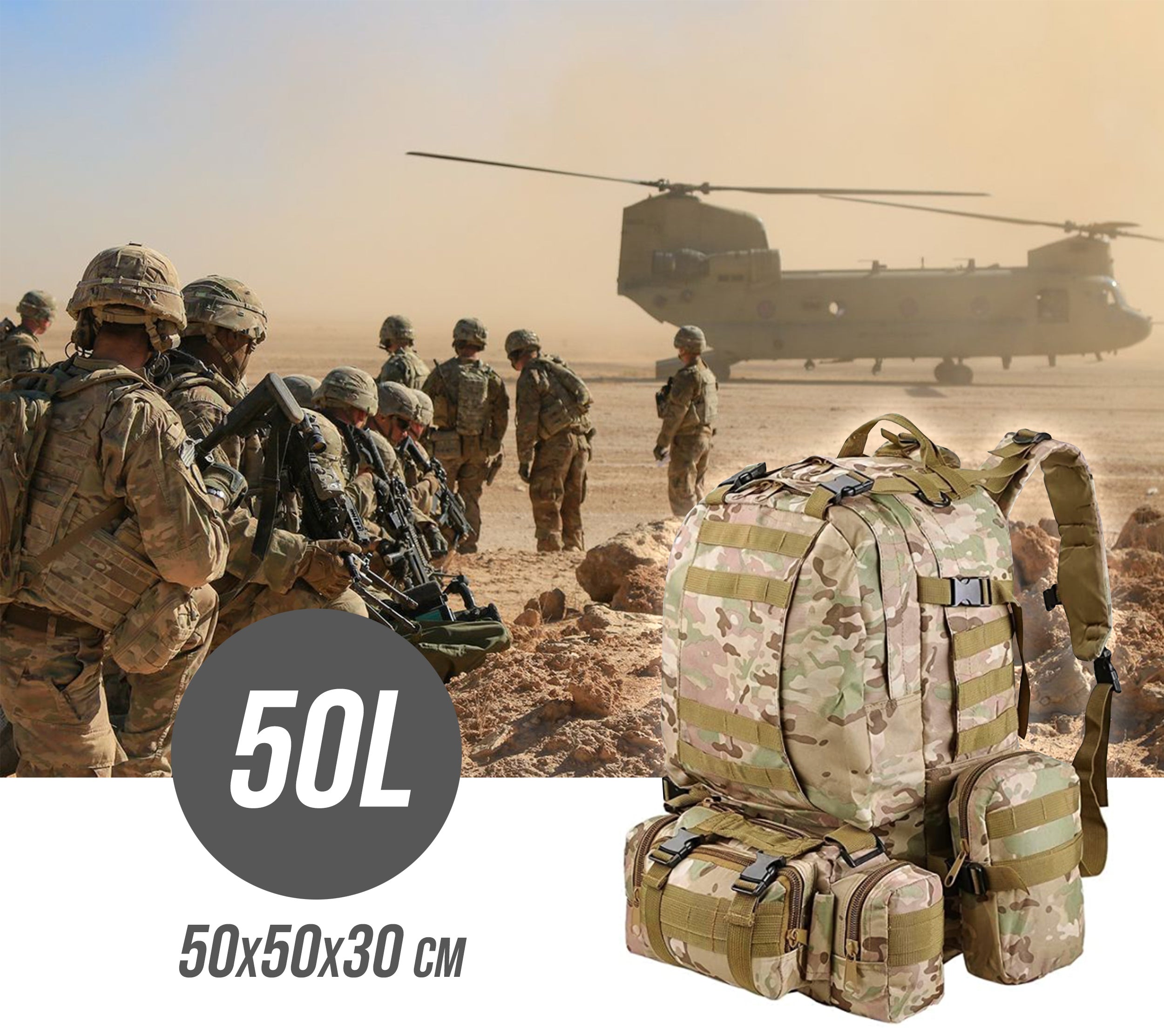 Rucsac militar pentru drumetie, impermeabil, ultra usor, 4 in 1, 50litri, culoare combat camuflaj
