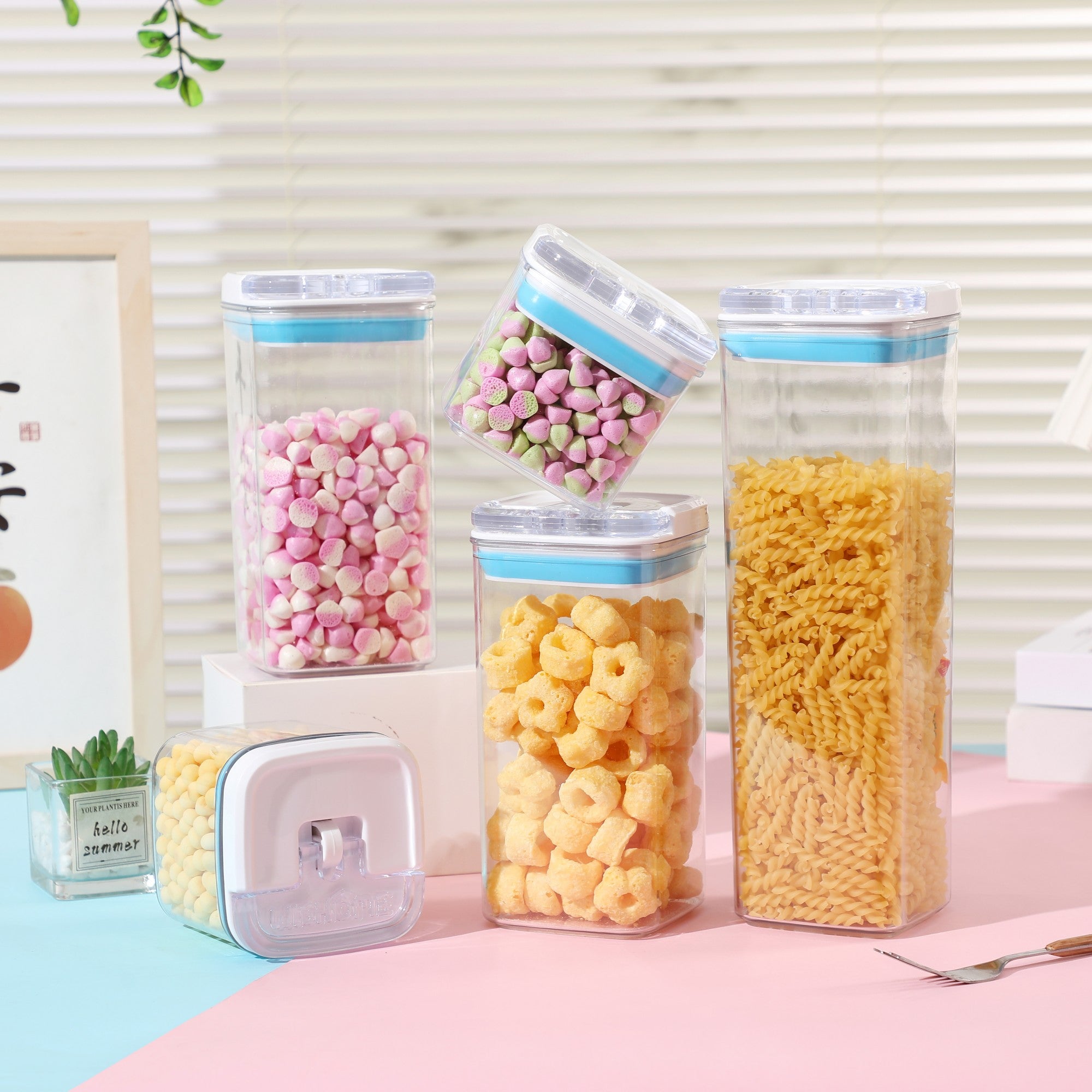 Cutii de Depozitare Alimente, Flippy, Set din 5 Cutii de tip Container, 1x0.5 l, 2x0.8 l, 1x1.2 l, 1x1.9 l, Recipiente pentru Cereale in Bucatarie,  Transparente cu Capac Albastru-Alb
