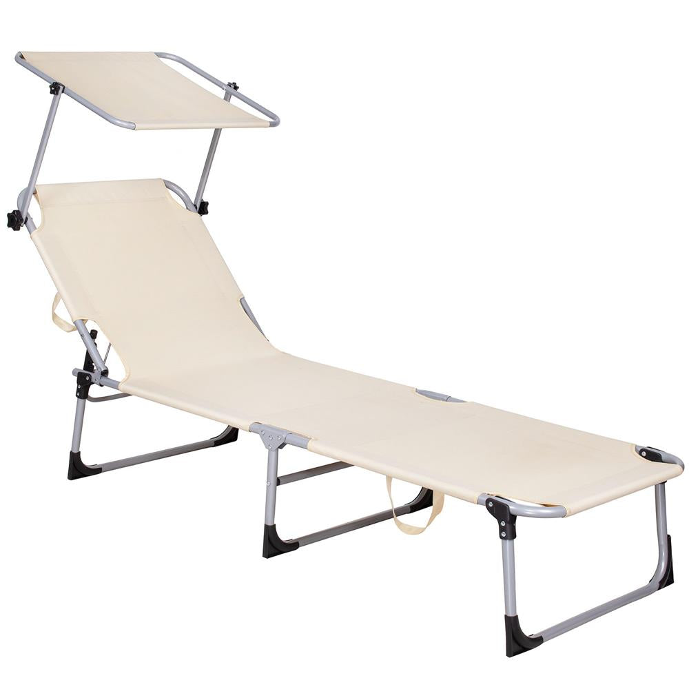 Sezlong pliabil cu parasolar, 188x57x38cm, sarcina 120kg, crem