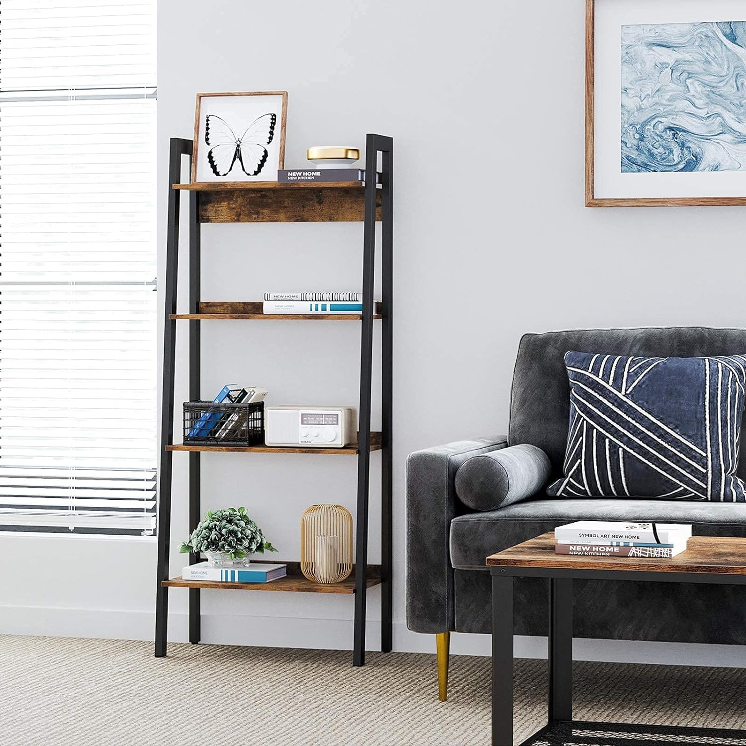 Biblioteca tip scara, cadru otel cu 4 polite din MDF, stil industrial, 56x34x138cm, maro rustic si negru