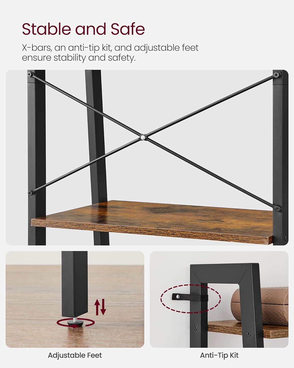 VASAGLE Biblioteca tip scara, cadru otel cu 5 polite din MDF, stil industrial, 56x34x172cm, maro rustic si negru