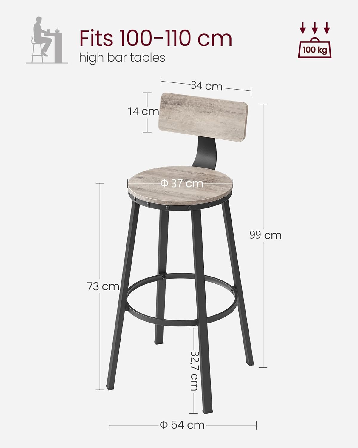 VASAGLE Set de 2 scaune de bar inalte cu spatar, cadru din otel, industrial, 54x99cm, gri stejar - 6