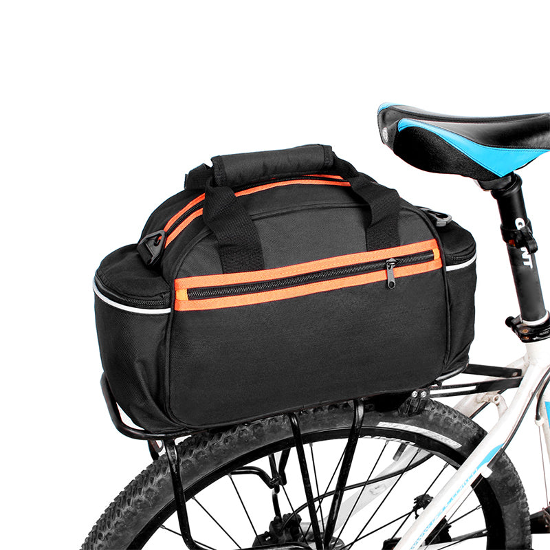 Geanta portbagaj bicicleta, 3 compartimente si 5 buzunare laterale, 45x20x22cm, negru cu elemente reflectorizante portocalii