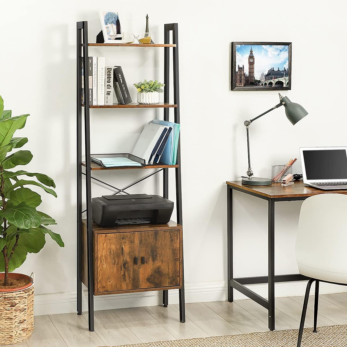 Biblioteca tip scara, cu dulap si 4 rafturi din MDF, stil industrial, 34x56x172cm, maro rustic si negru