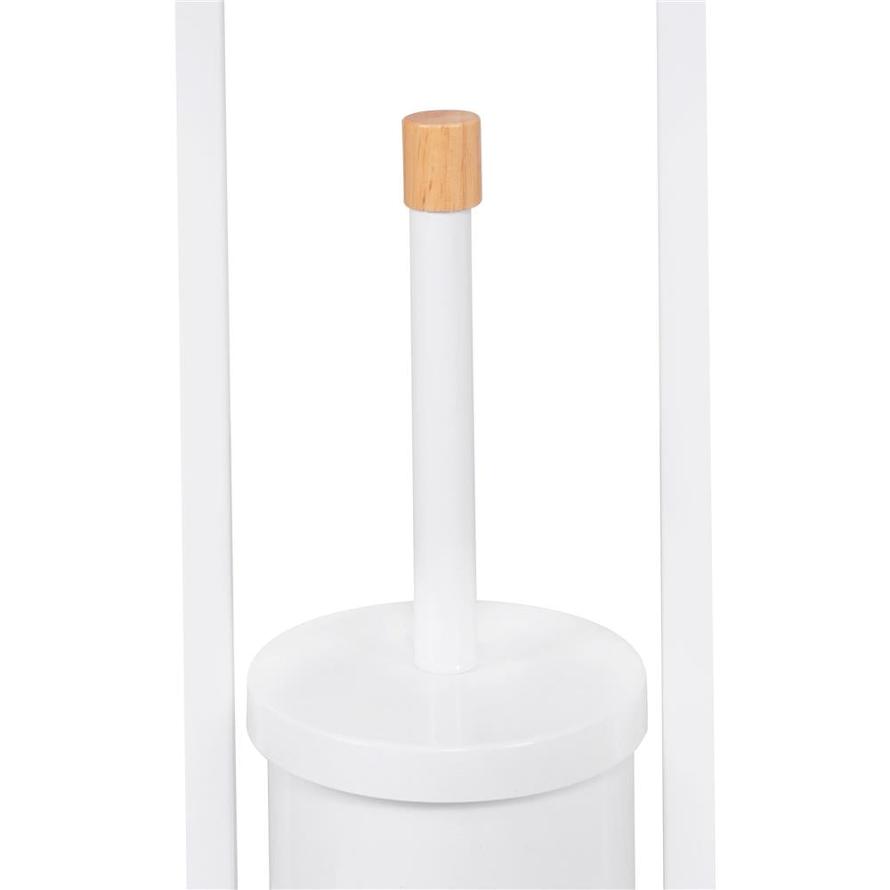 Stand cu perie WC si suport hartie igienica, metal si bambus, 74cm, alb