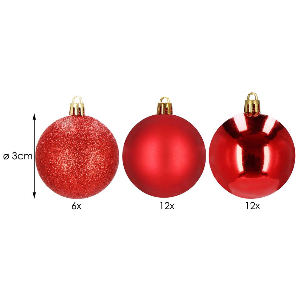 Set globuri de Craciun, 30 bucati, 3 modele, 3cm, rosu