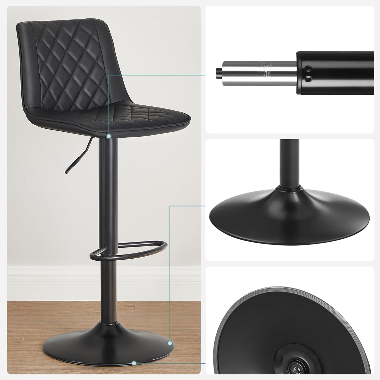 SONGMICS Set de 2 scaune de bar, cu spatar, reglabile in inaltime, tapitat cu PU, 47x51x(89-109)cm, negru - 3