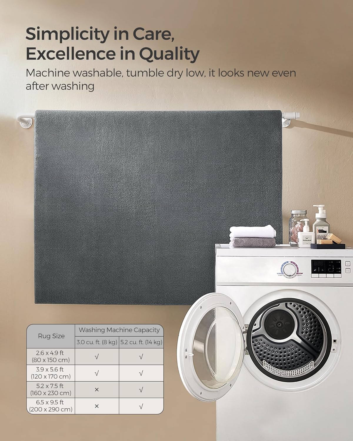 SONGMICS Covor decorativ antiderapant, lavabil la masina, 160×230 cm, gri