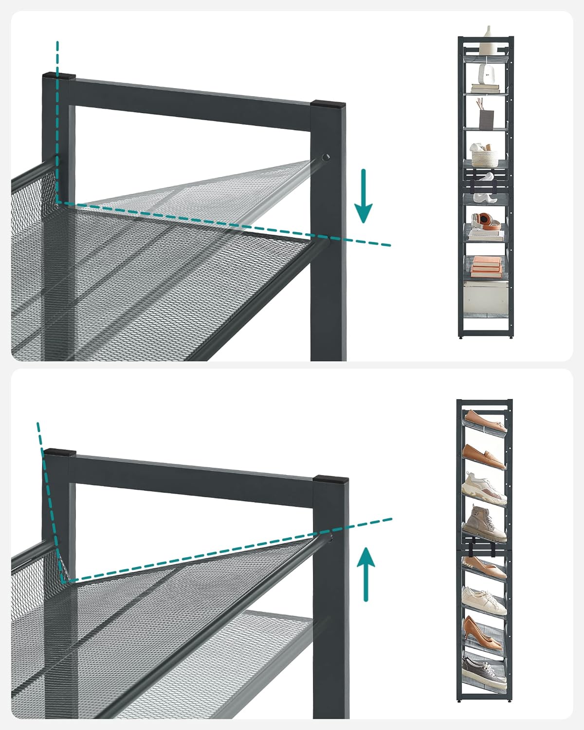 SONGMICS Raft de depozitare pantofi, pe 8 nivele, cu polite reglabile, pentru 32-40 de perechi, 31x92x163cm, gri