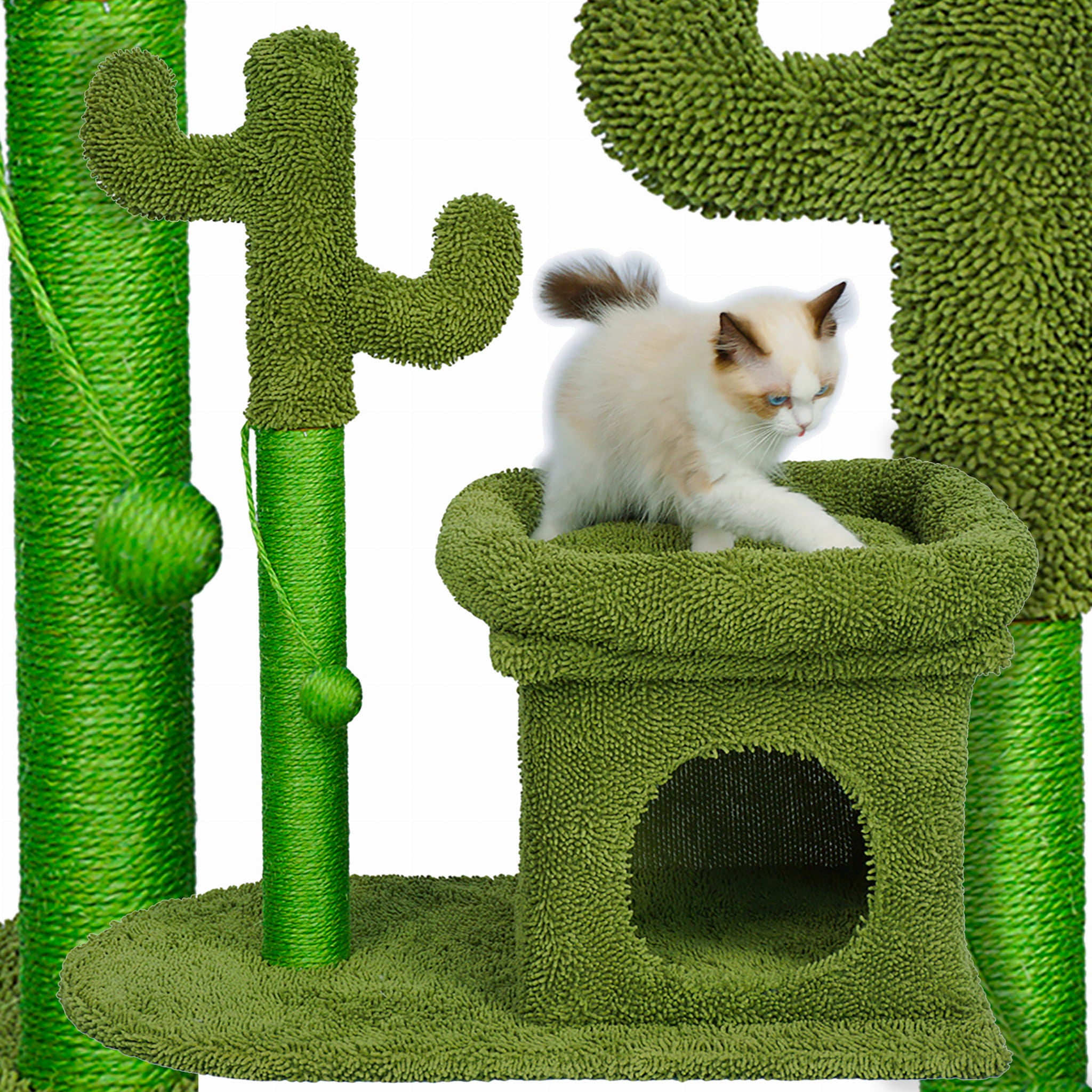 Ansamblu de joaca pentru pisici, model cactus, ascunzatoare, culcus, 63x40x72cm, verde