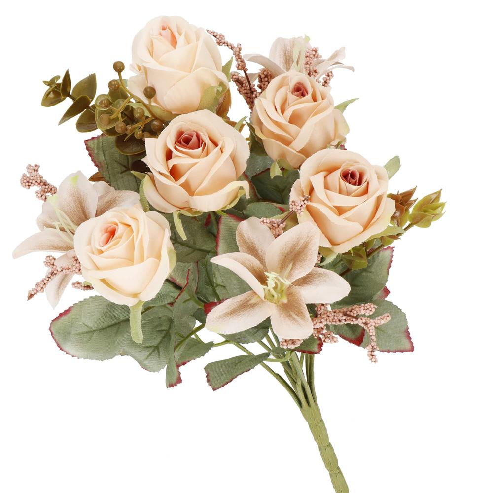 Buchet de flori artificiale din poliester, 10 fire trandafiri si crini, 37cm, crem