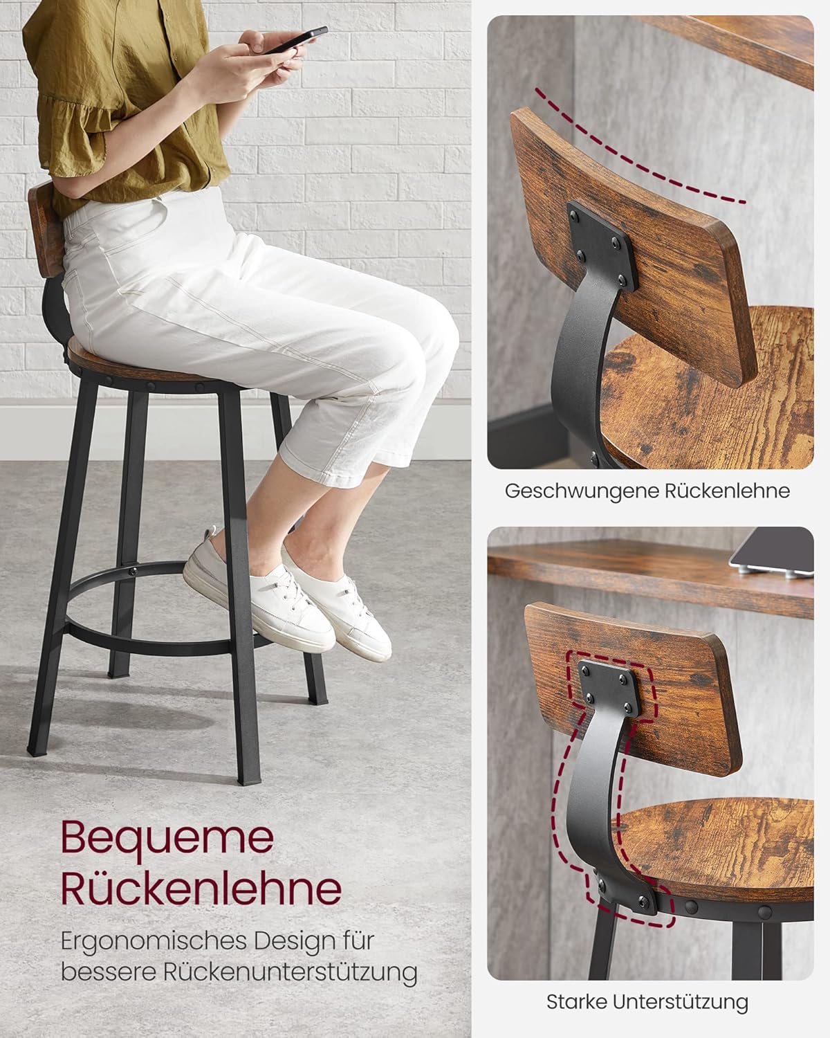 VASAGLE Set de 2 scaune de bar inalte cu spatar, cadru din otel, industrial, 51x89cm, maro rustic - 6