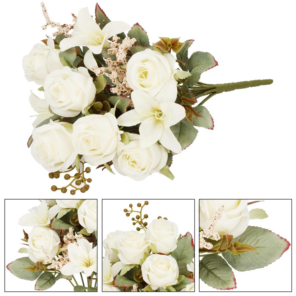 Buchet de flori artificiale din poliester, 9 fire trandafiri si crini, 37cm, alb