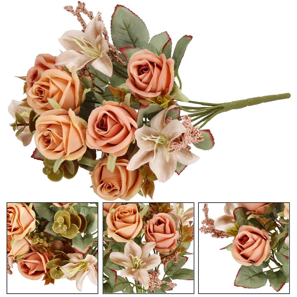 Buchet de flori artificiale din poliester, 9 fire trandafiri si crini, 37cm, roz