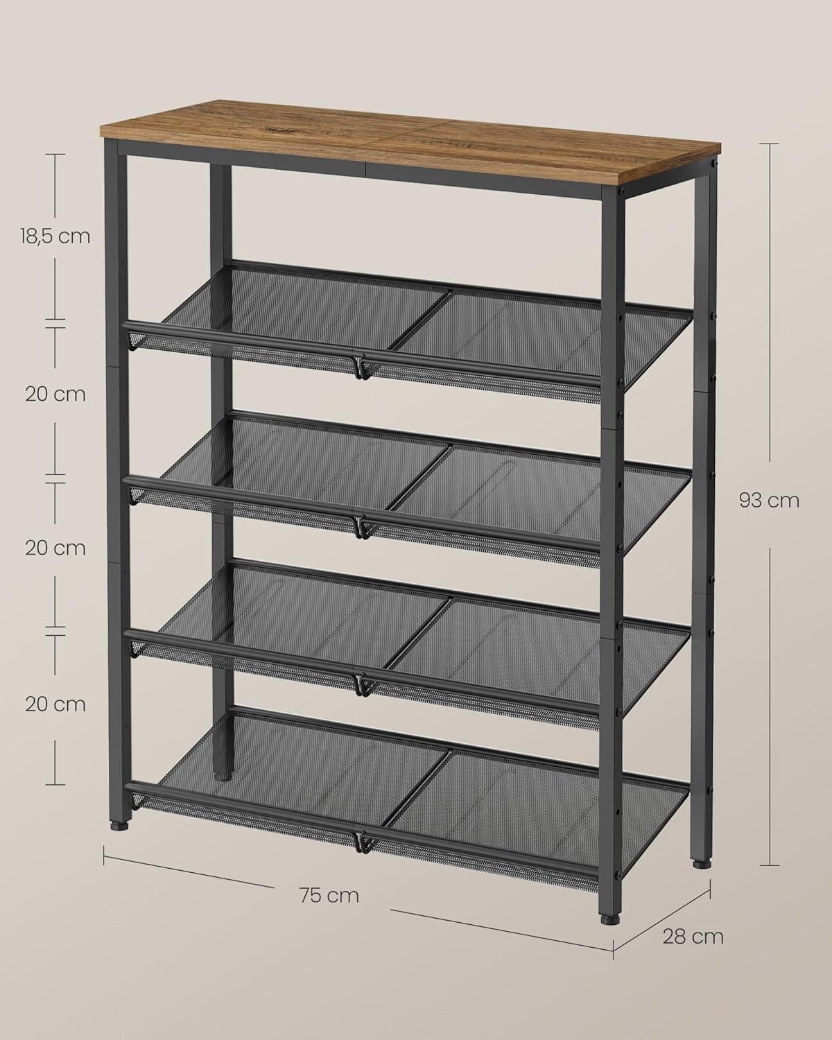 VASAGLE Raft de pantofi, 5 nivele reglabile din plasa, pentru 12-16 perechi, 75x28x93 cm, maro rustic