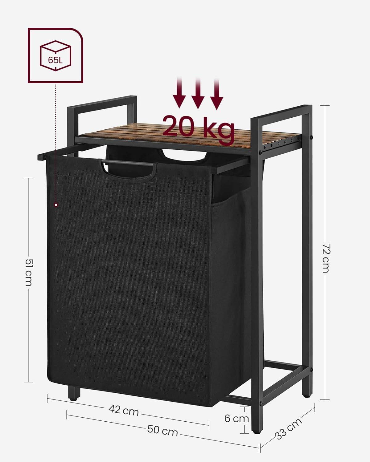 VASAGLE Cos de rufe, sac de rufe detasabil, raft, cadru metalic, 65L, 50x33x72 cm, maro rustic si negru