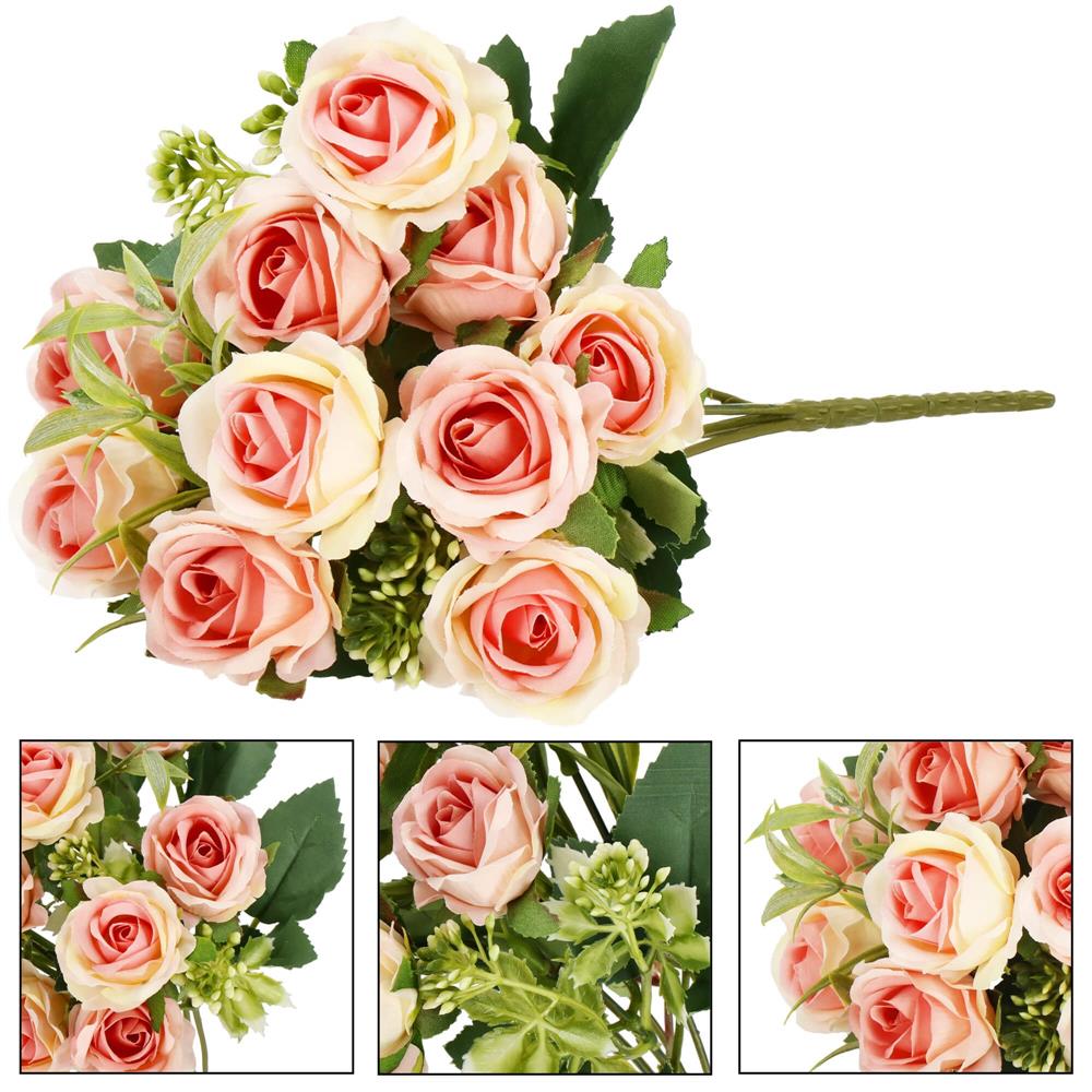 Buchet de flori artificiale din poliester, 10 fire trandafiri, 29cm, roz