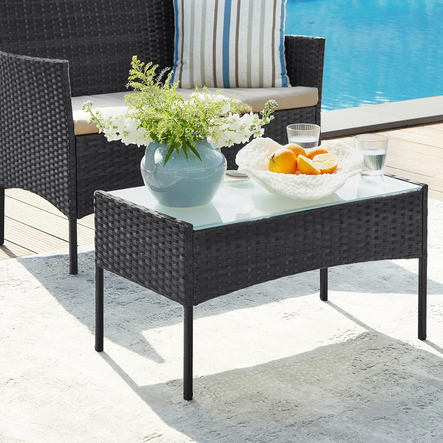 SONGMICS Set de mobilier pentru terasa sau balcon, din poliratan PE, masa, canapea si 2 scaune, negru - 6