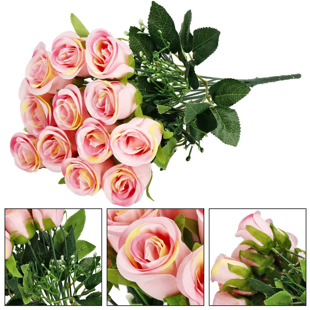 Buchet de flori artificiale din poliester, 12 fire trandafiri, 38cm, roz - 7