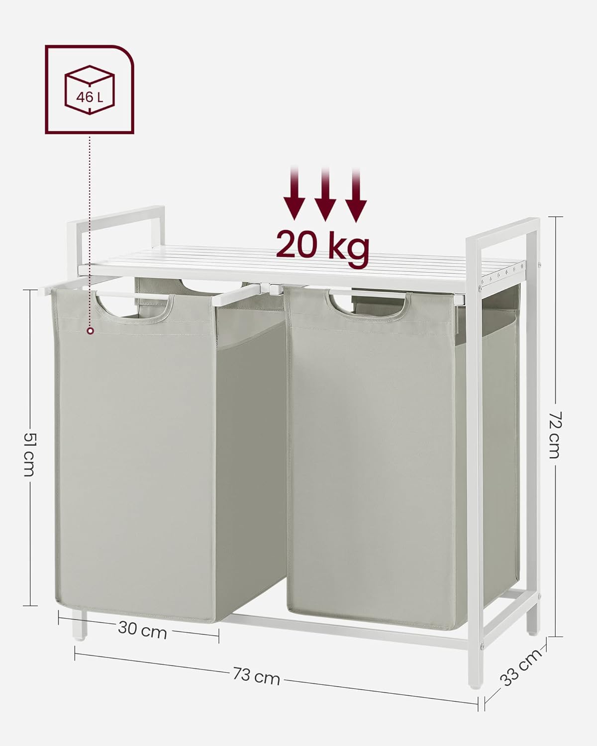 VASAGLE Cos de rufe, 2 compartimente, saci de rufe detasabili, raft, cadru metalic, 2x46L, 73x33x72 cm, alb