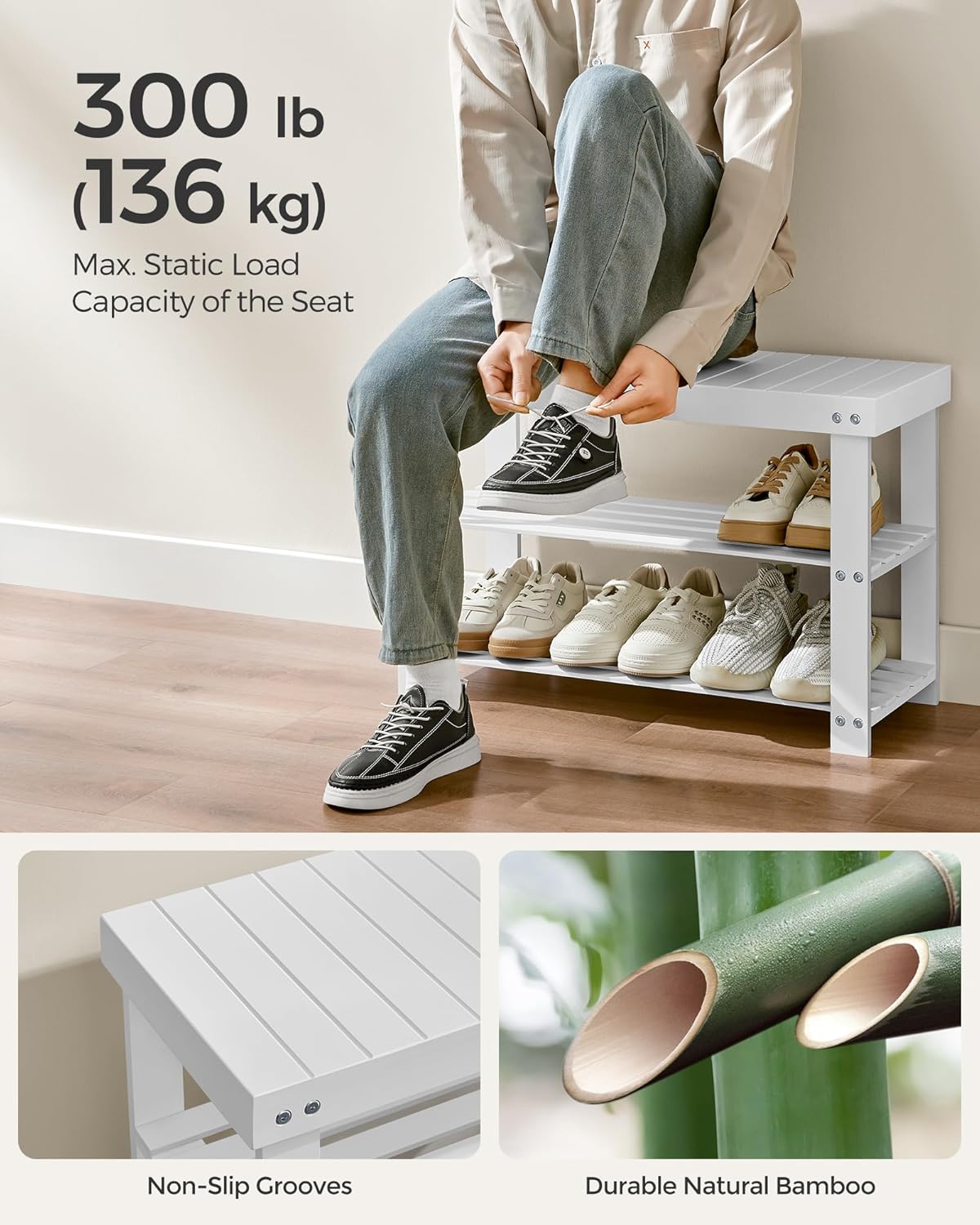 SONGMICS Set multifunctional pentru hol cu banca pentru pantofi si cuier, din bambus, 29x70x45 cm, alb