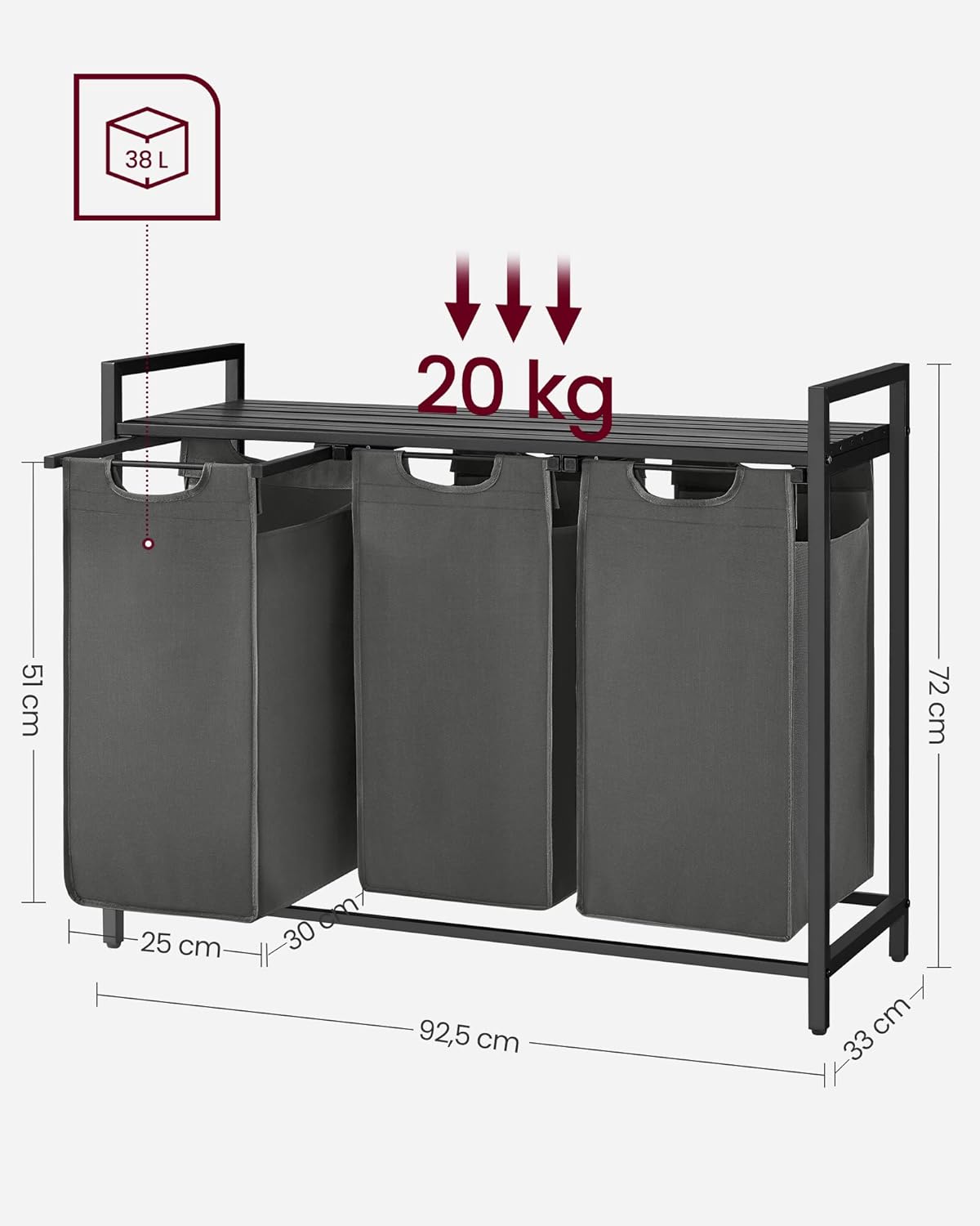 VASAGLE Cos de rufe, 3 compartimente, saci de rufe detasabili, raft, cadru metalic, 3x38L, 93x33x72 cm, negru
