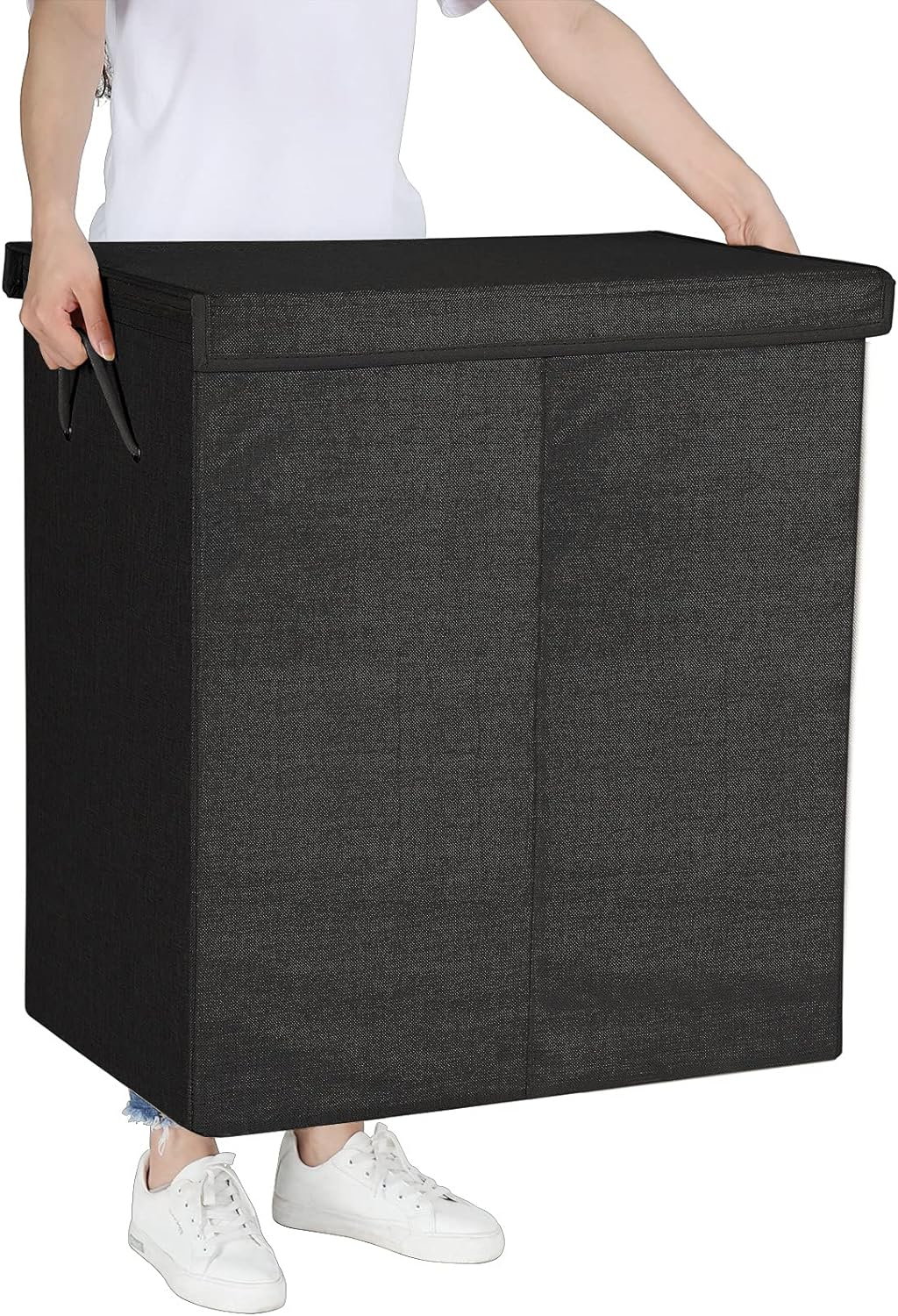 SONGMICS Cos de rufe textil, pliabil, 2 compartimente, saci detasabili, 142L, 60x36x66cm, negru